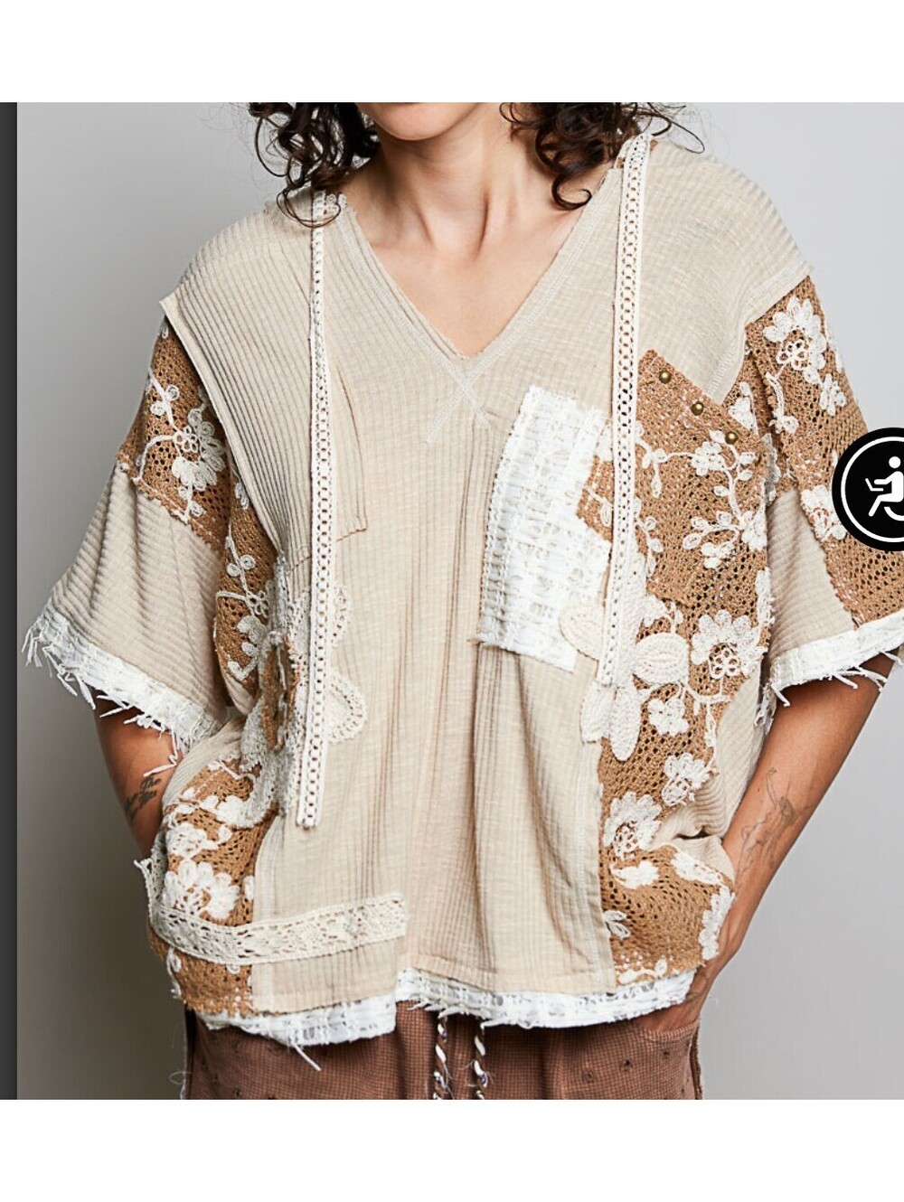 POL Khaki Knit Patchwork Lace Flower Tunic Top Short Sleeve Hoodie Boho Size M